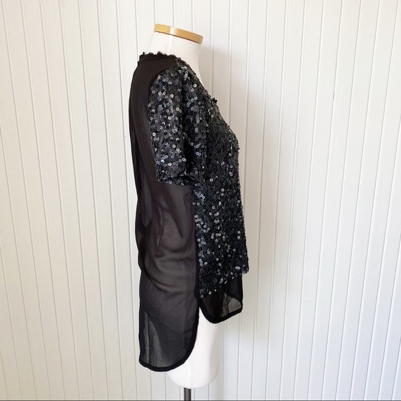 NWT Alberto Makali Black Sequin Sheer Short Sleeve Shirt Top Size Medium - Picture 3 of 13